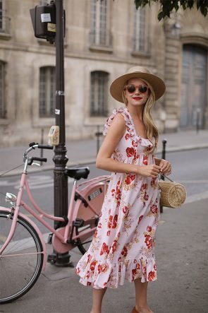 Atlantic-Pacific Blog // Blair Eadie Floral Jill Stuart Dress, straw hat, Pamela Munson Bag in Paris