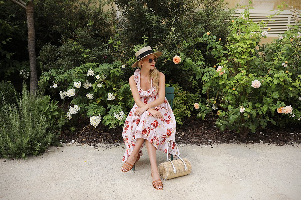 Atlantic-Pacific Blog // Blair Eadie Floral Jill Stuart Dress, straw hat, Pamela Munson Bag in Paris