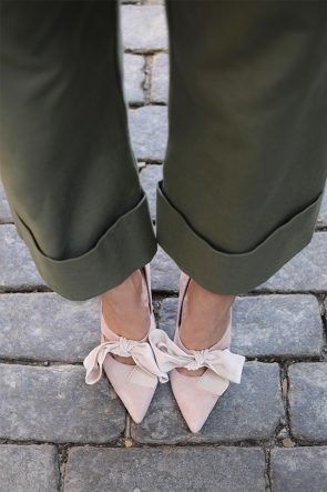 Atlantic Pacific // Velvet bow shoes, olive pants and blush coat