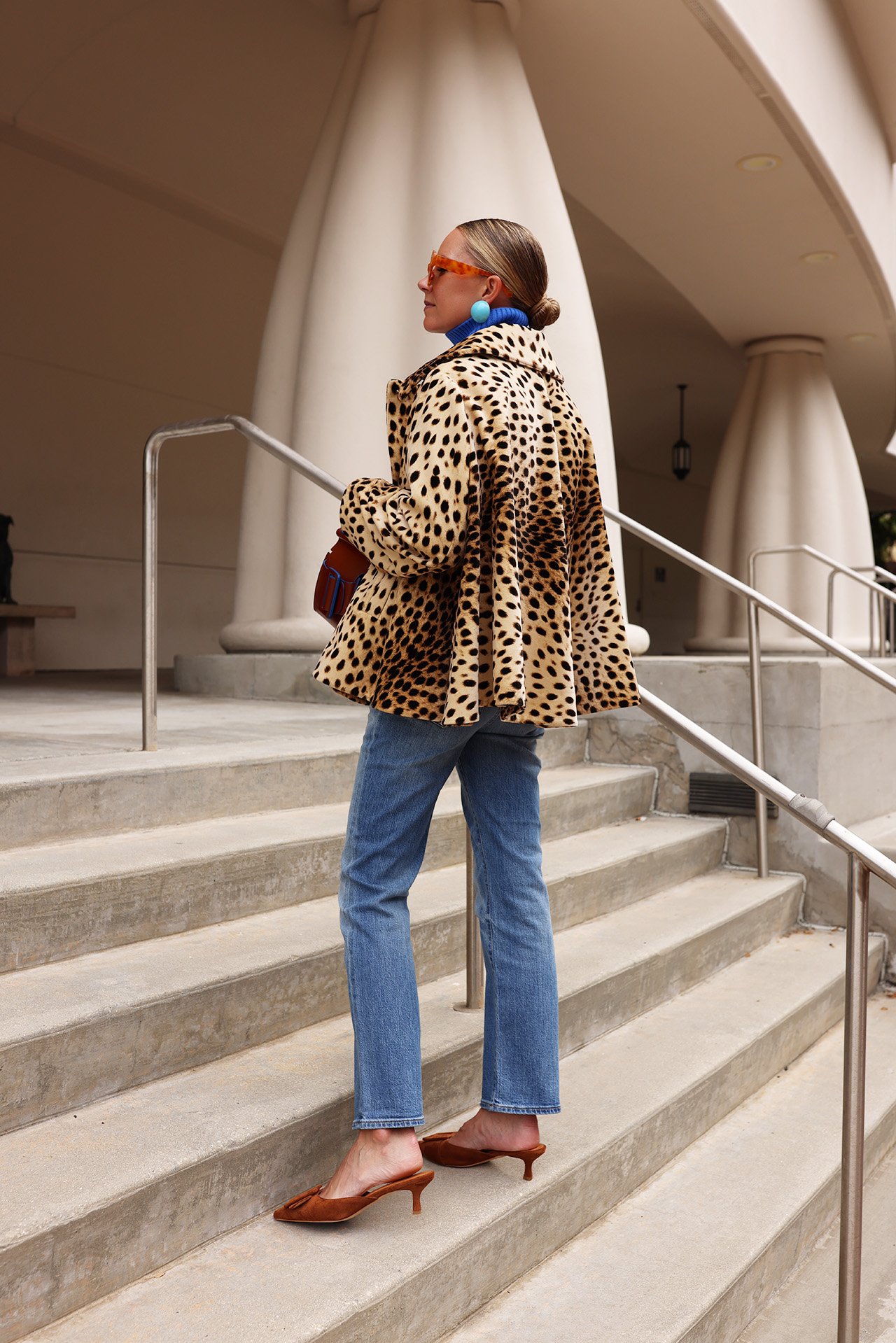 leopard cape coat, pistola denim, how to style denim