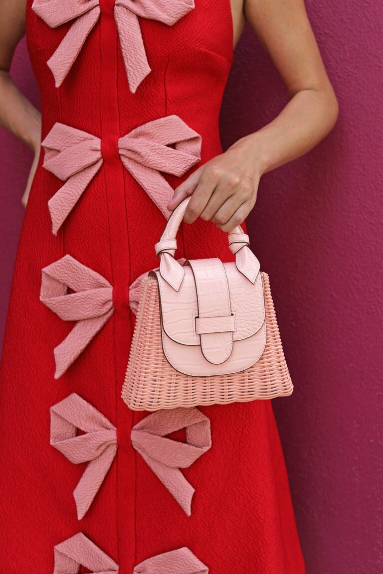 valentine's day dress, pink bow dress, pink straw bag