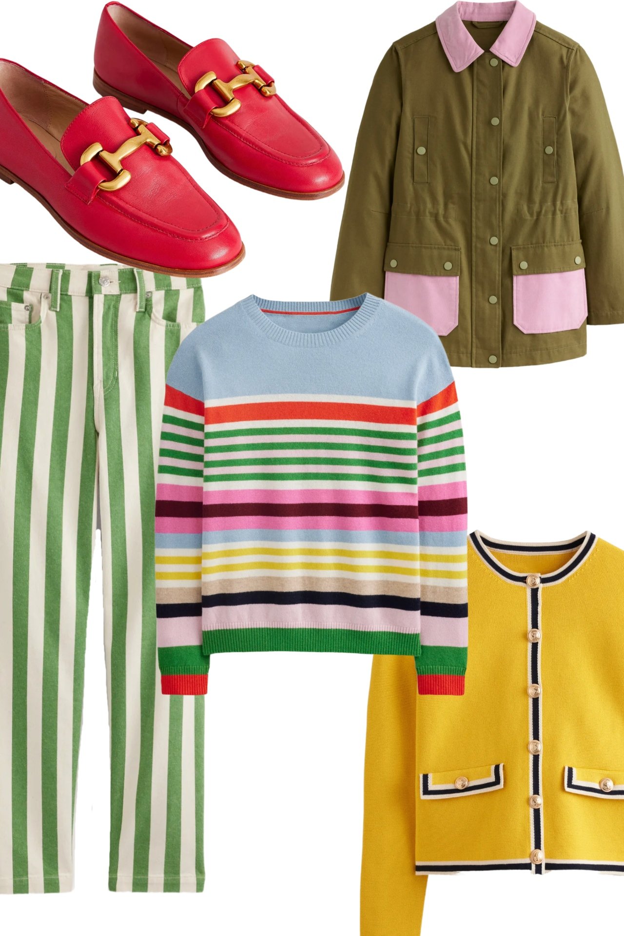 boden red loafer, color blocked utility jacket, striped denim, rainbow cashmere sweater, yellow tipped cardigan