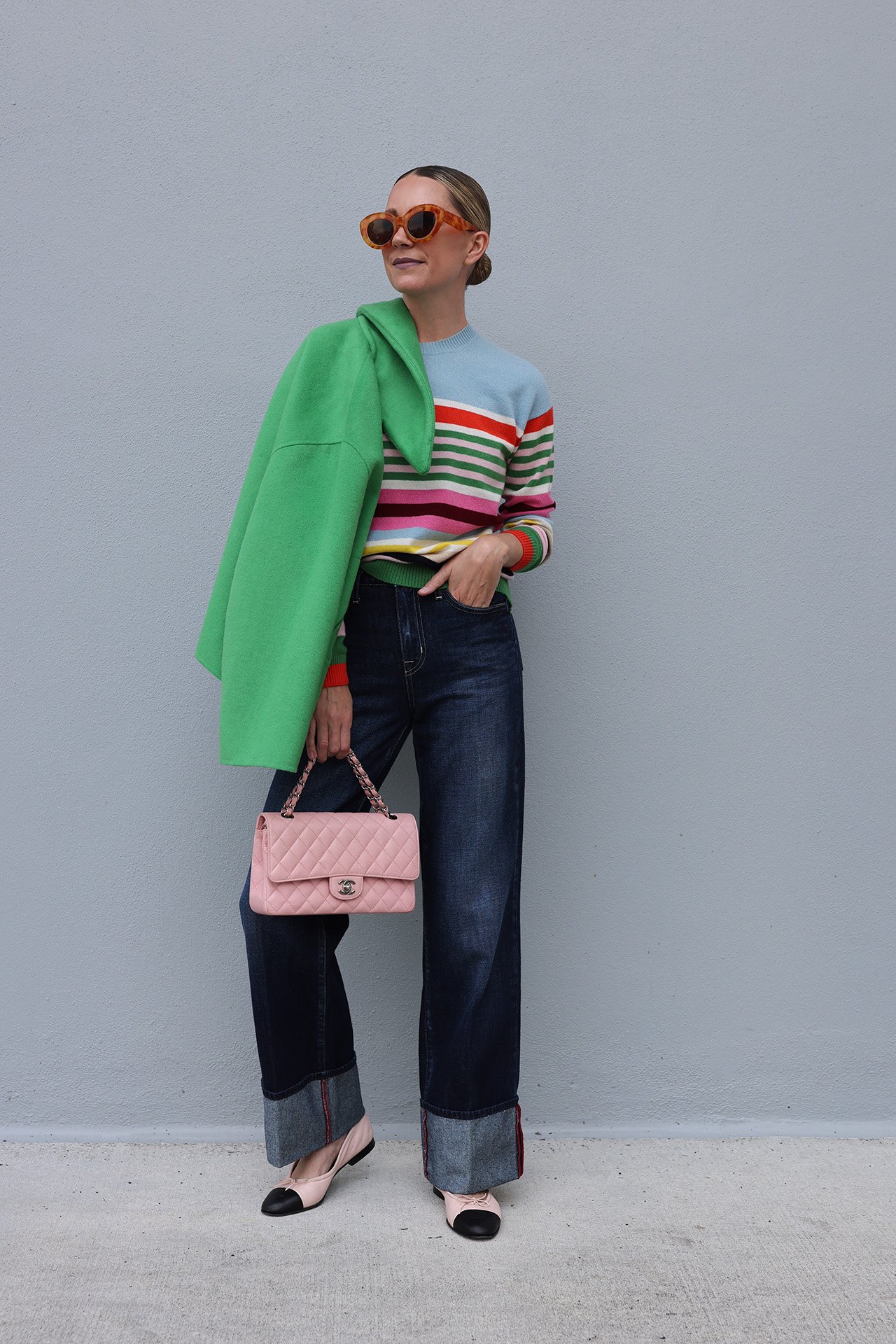 boden rainbow sweater, casual spring jean look, styling cuffed denim