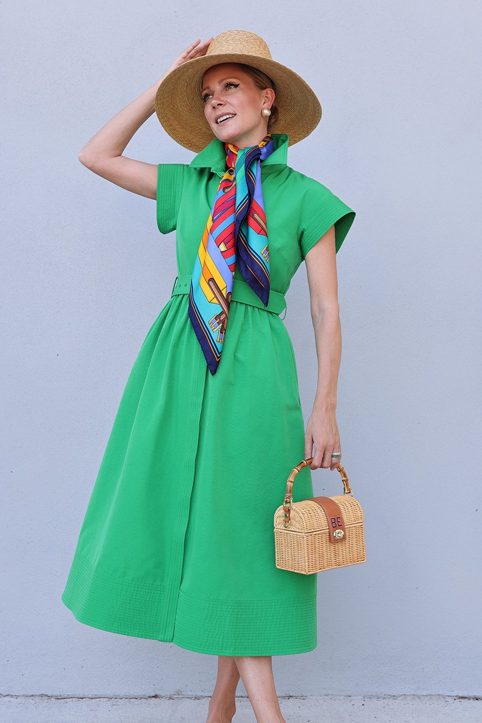chloe tuckernuck dress, green dress, hermes scarf styling